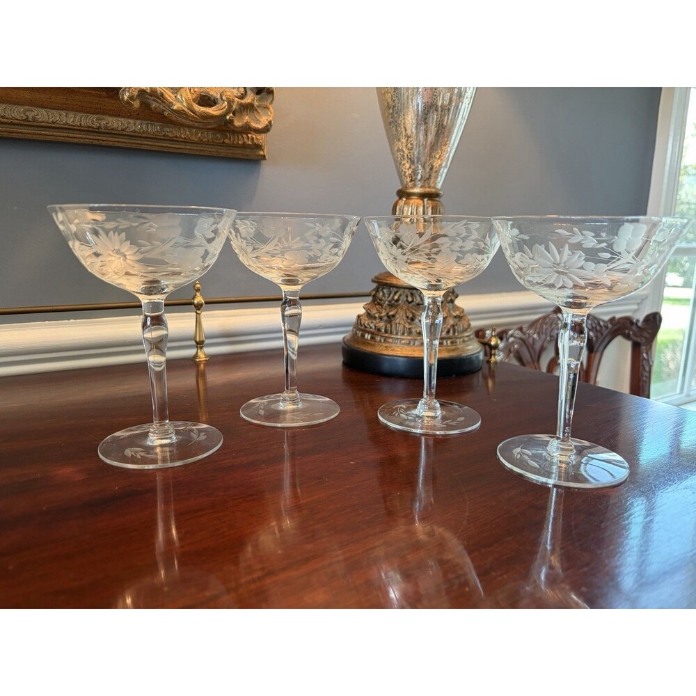 4 Vintage Optic Panel Champagne Coupes Tall Sherbet Glasses Etched Flowers